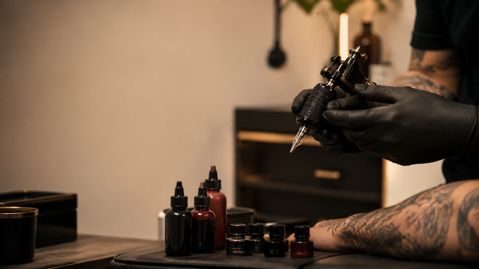 Professional tattoo studio tools and tattooed forearm